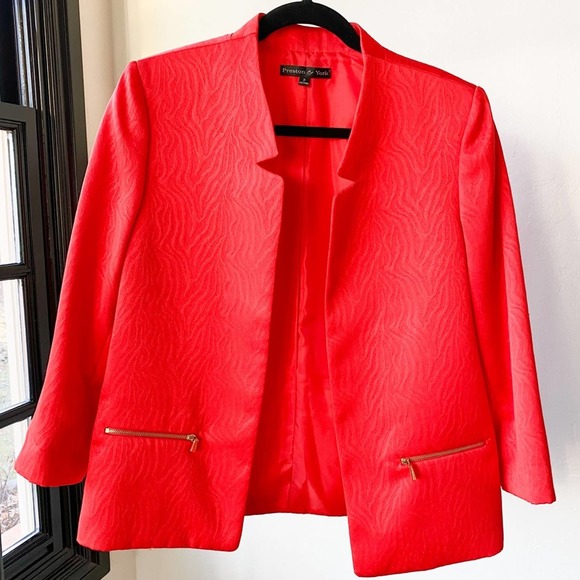 PRESTON & YORK Women's Scarlet Red Zebra Zip Pockets Open Front Blazer sz 8 - Picture 3 of 9